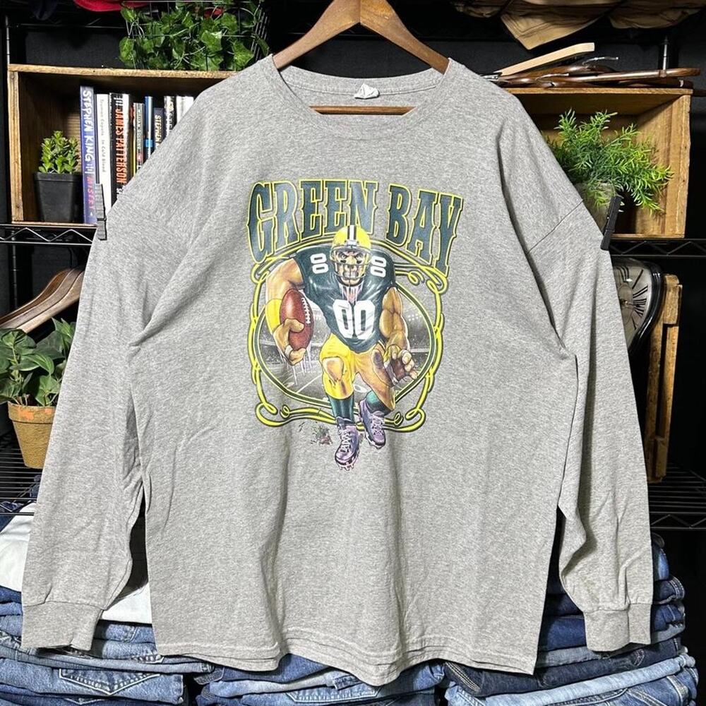 Vintage Green Bay Packers Long Sleeve Tee Shirt Gray Green NFL Football Mens 3XL